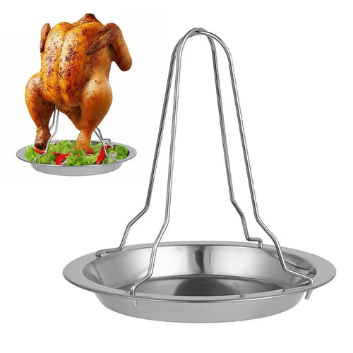 JP0074 Portable Chicken Roaster Stand Stainless Steel Turkey Holder Rack with Tray Outdoor BBQ Tool (No FDA) - 1