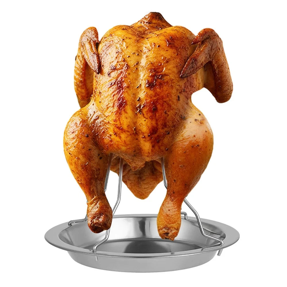 JP0074 Portable Chicken Roaster Stand Stainless Steel Turkey Holder Rack with Tray Outdoor BBQ Tool (No FDA) - 2