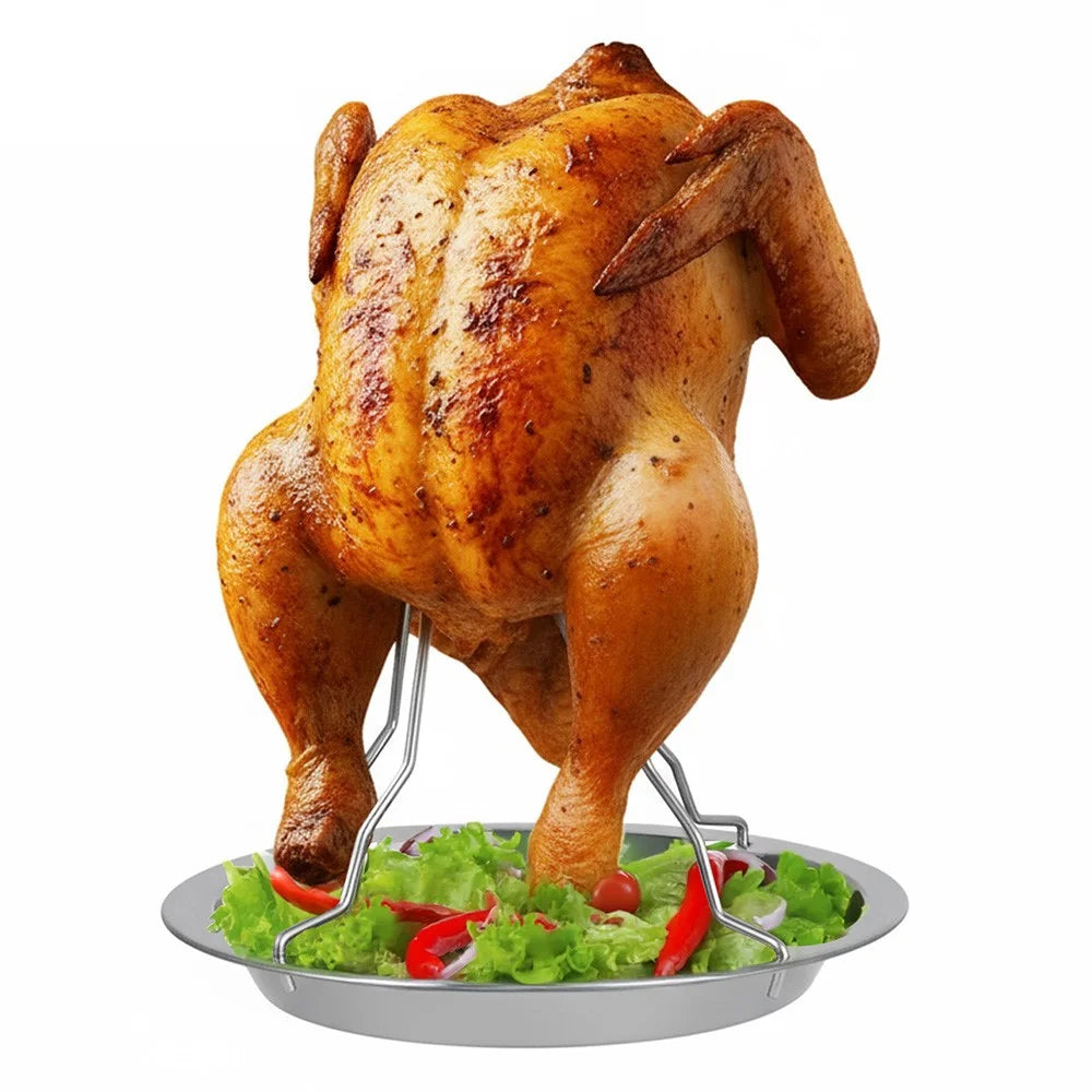 JP0074 Portable Chicken Roaster Stand Stainless Steel Turkey Holder Rack with Tray Outdoor BBQ Tool (No FDA) - 3