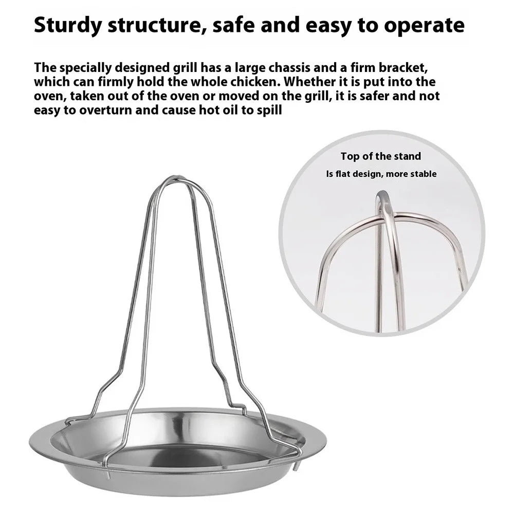 JP0074 Portable Chicken Roaster Stand Stainless Steel Turkey Holder Rack with Tray Outdoor BBQ Tool (No FDA) - 4
