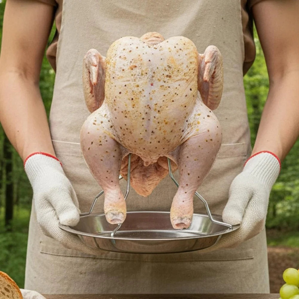 JP0074 Portable Chicken Roaster Stand Stainless Steel Turkey Holder Rack with Tray Outdoor BBQ Tool (No FDA) - 6