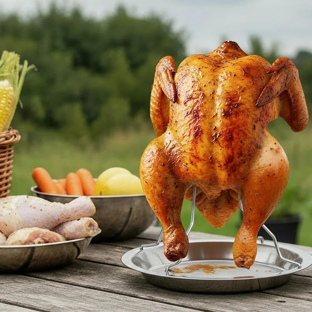 JP0074 Portable Chicken Roaster Stand Stainless Steel Turkey Holder Rack with Tray Outdoor BBQ Tool (No FDA) - 7