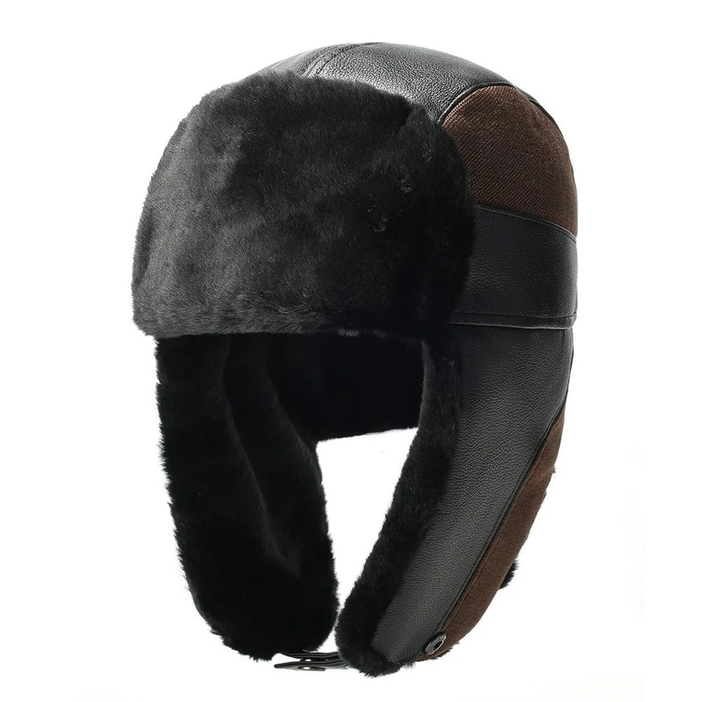 Winter PU Trapper Hat Outdoor Windproof Ski Cap Ear Flap Protection Thickened Fleece Lined Warm Hat - Brown - 1