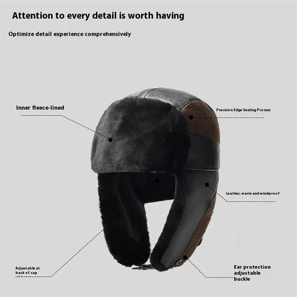 Winter PU Trapper Hat Outdoor Windproof Ski Cap Ear Flap Protection Thickened Fleece Lined Warm Hat - Brown - 2