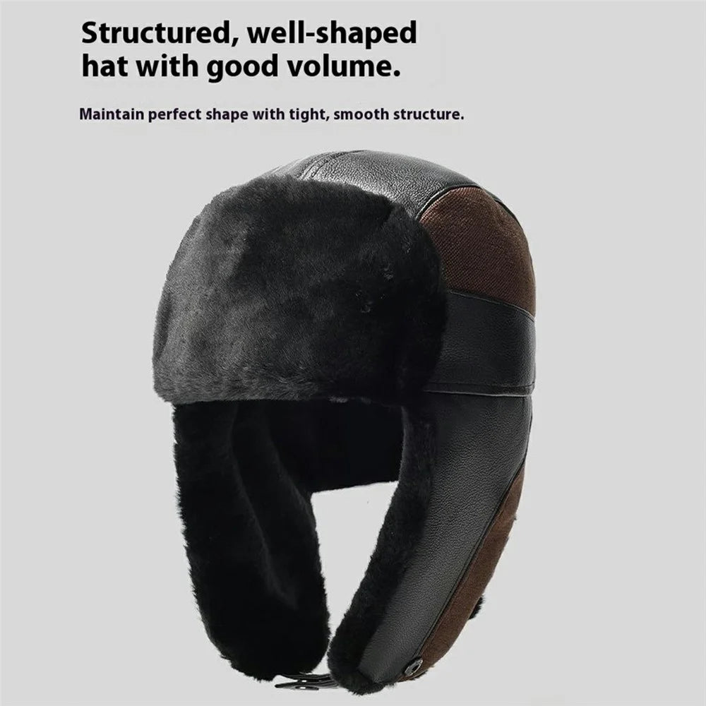 Winter PU Trapper Hat Outdoor Windproof Ski Cap Ear Flap Protection Thickened Fleece Lined Warm Hat - Brown - 4