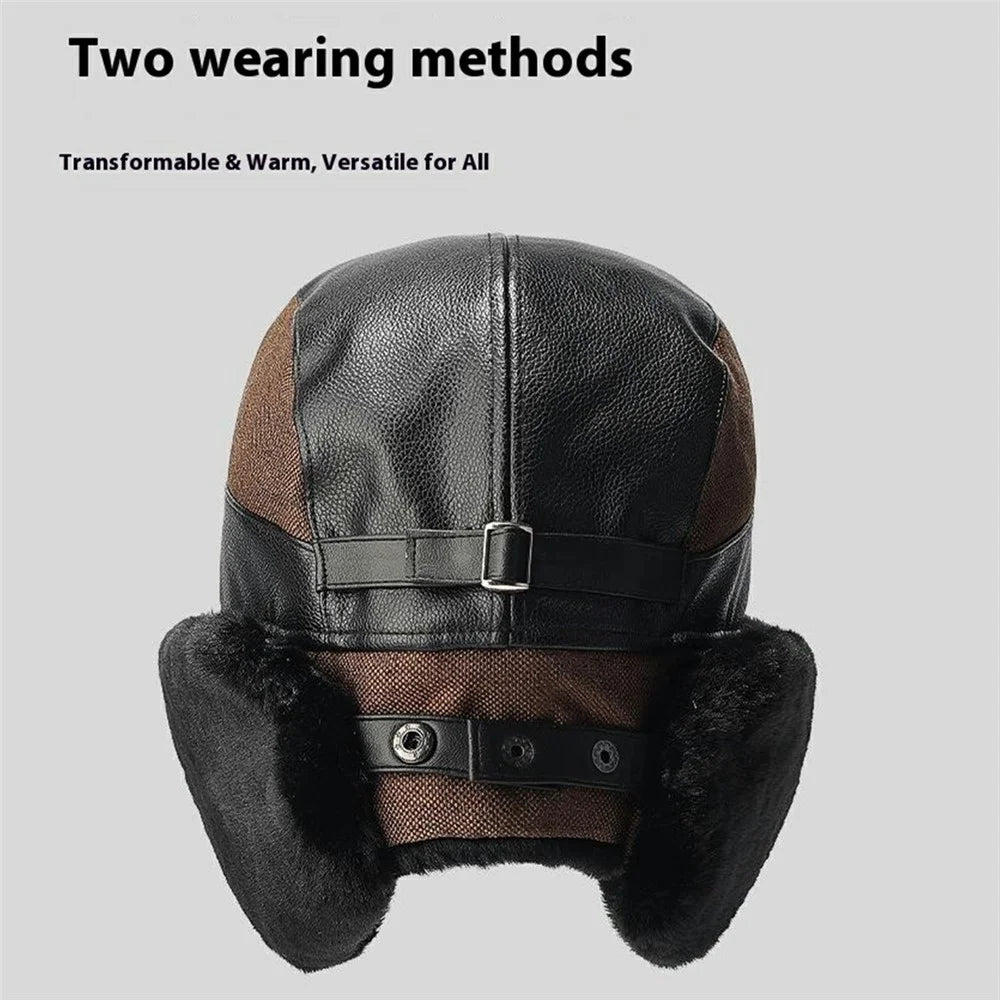 Winter PU Trapper Hat Outdoor Windproof Ski Cap Ear Flap Protection Thickened Fleece Lined Warm Hat - Brown - 5