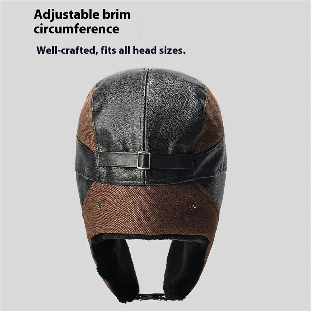 Winter PU Trapper Hat Outdoor Windproof Ski Cap Ear Flap Protection Thickened Fleece Lined Warm Hat - Brown - 6