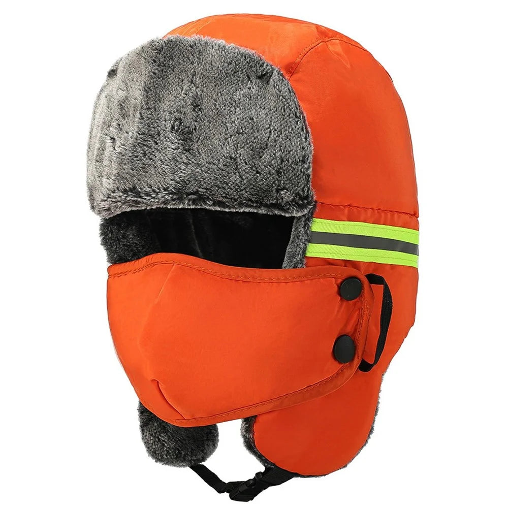 Winter Safety Hat with Reflective Strips Fleece Lined Trapper Hat Warm Protective Headwear for Outdoor - Orange - 1