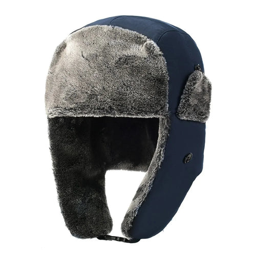 Winter Trapper Hat Fleece Lined Thick Warm Cycling Ear Protection Cap Outdoor Windproof Ski Aviator Hat - Navy Blue - 1