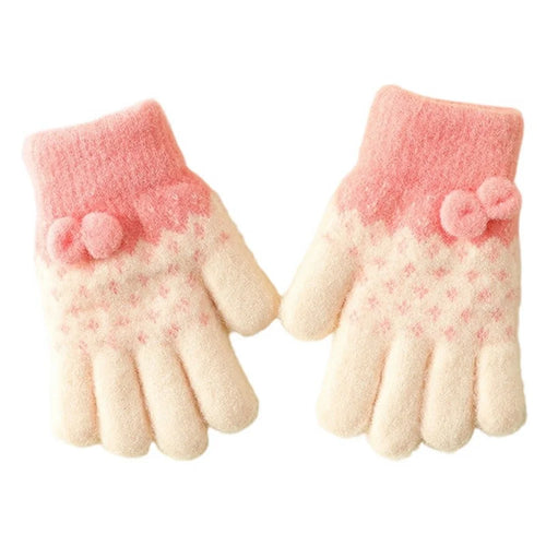 Winter Knit Gloves for Girls 3 - 6 Years Candy Color Fleece Lined Warm Mittens with Bowknot Decor - Pink - 1