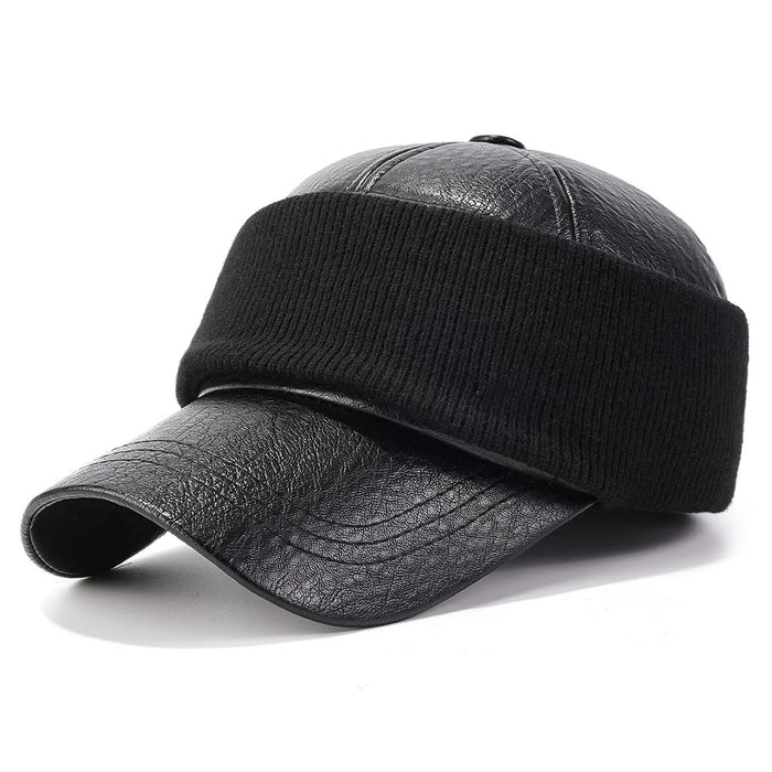PU Leather Outdoor Warm Hat for Men Autumn Winter Baseball Cap with Ear Flaps - Black - 1