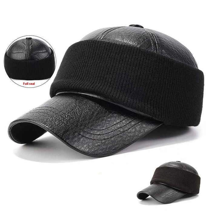 PU Leather Outdoor Warm Hat for Men Autumn Winter Baseball Cap with Ear Flaps - Black - 2