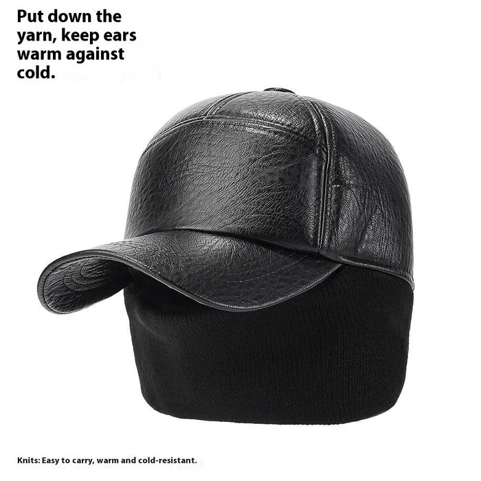 PU Leather Outdoor Warm Hat for Men Autumn Winter Baseball Cap with Ear Flaps - Black - 3