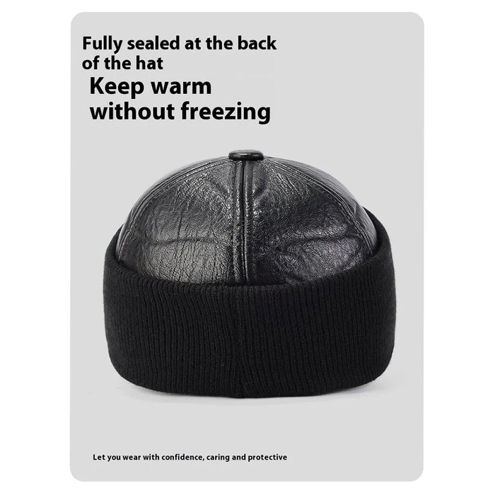 PU Leather Outdoor Warm Hat for Men Autumn Winter Baseball Cap with Ear Flaps - Black - 5