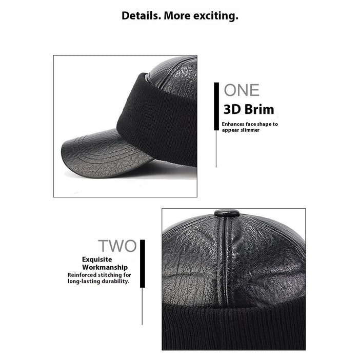 PU Leather Outdoor Warm Hat for Men Autumn Winter Baseball Cap with Ear Flaps - Black - 7