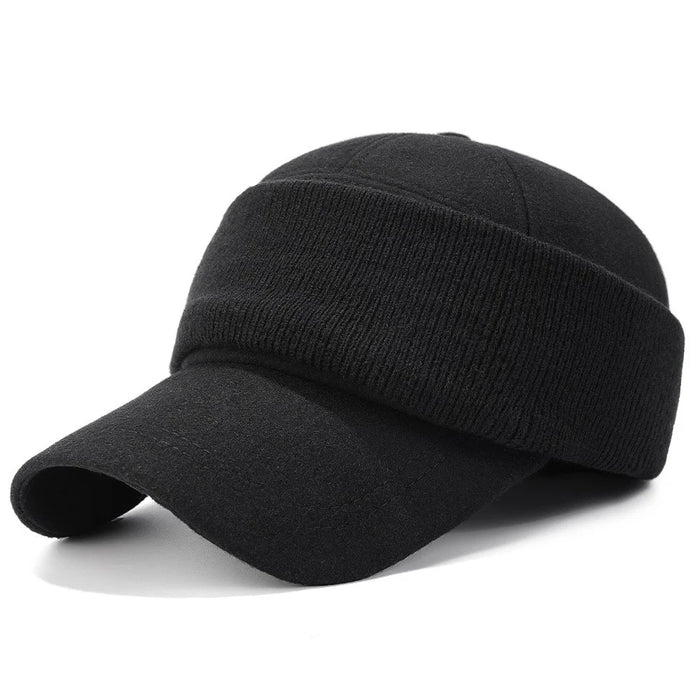 Men Baseball Cap Ear Protection Wool Windproof Warm Hat Winter Outdoor Hat - Black - 1