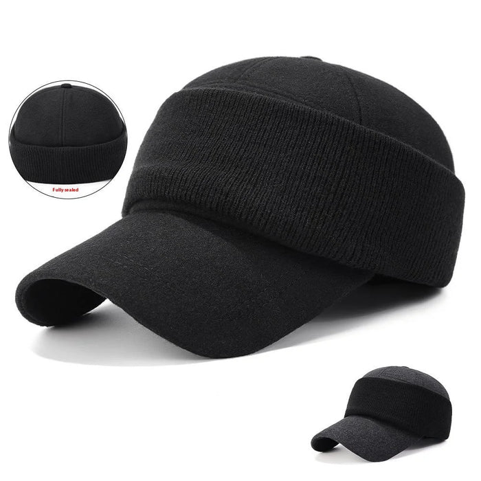 Men Baseball Cap Ear Protection Wool Windproof Warm Hat Winter Outdoor Hat - Black - 2