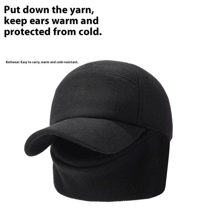 Men Baseball Cap Ear Protection Wool Windproof Warm Hat Winter Outdoor Hat - Black - 3