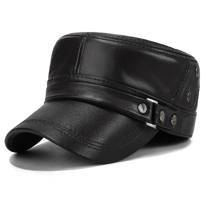 Winter Leather Flat Cap for Middle-Aged / Elderly Fleece-Lined Thick Outdoor Fashion Warm Hat with Rivets - Black - 1