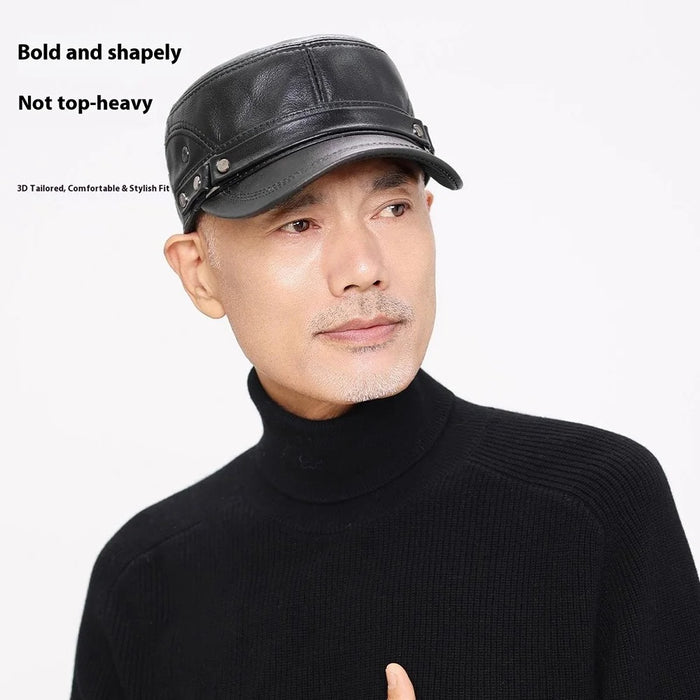 Winter Leather Flat Cap for Middle-Aged / Elderly Fleece-Lined Thick Outdoor Fashion Warm Hat with Rivets - Black - 3