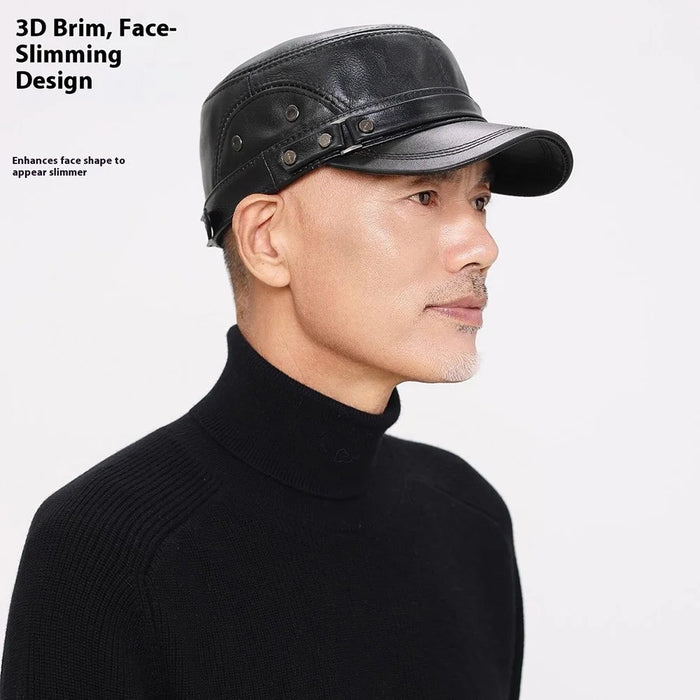 Winter Leather Flat Cap for Middle-Aged / Elderly Fleece-Lined Thick Outdoor Fashion Warm Hat with Rivets - Black - 4
