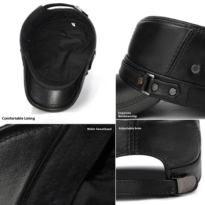 Winter Leather Flat Cap for Middle-Aged / Elderly Fleece-Lined Thick Outdoor Fashion Warm Hat with Rivets - Black - 5