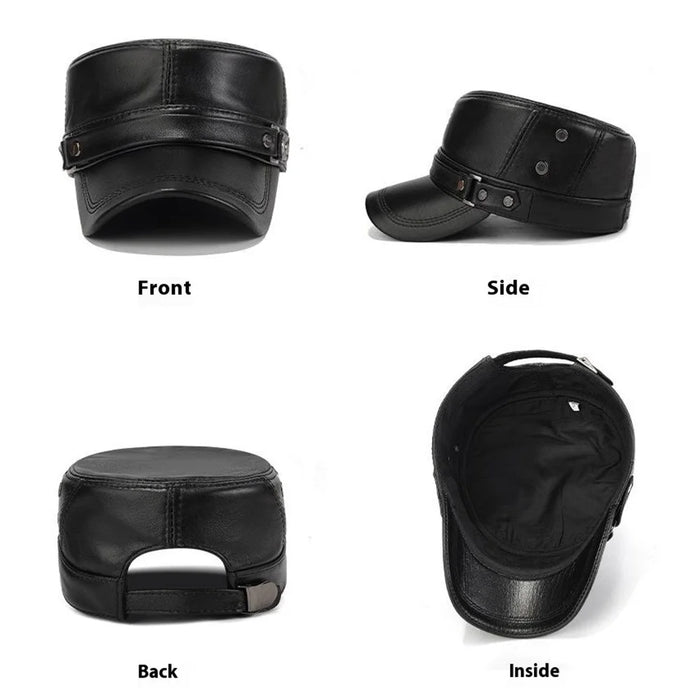 Winter Leather Flat Cap for Middle-Aged / Elderly Fleece-Lined Thick Outdoor Fashion Warm Hat with Rivets - Black - 6