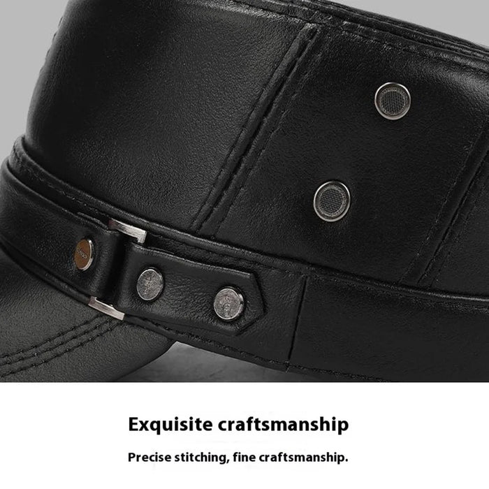 Winter Leather Flat Cap for Middle-Aged / Elderly Fleece-Lined Thick Outdoor Fashion Warm Hat with Rivets - Black - 7