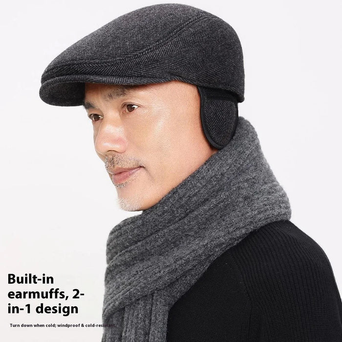 Wool Newsboy Cap for Seniors Ear Flap Warm Peaked Hat Outdoor Cold Protection Dad Hat - 4