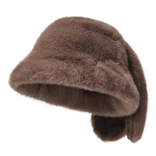 Winter Faux Mink Fur Bucket Cap with Rabbit Ears Outdoor Windproof Fleece Lined Fisherman Hat - Brown - 1