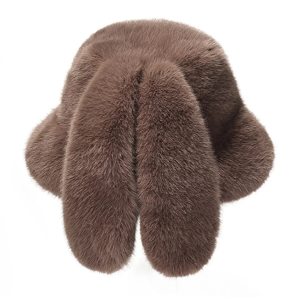 Winter Faux Mink Fur Bucket Cap with Rabbit Ears Outdoor Windproof Fleece Lined Fisherman Hat - Brown - 2