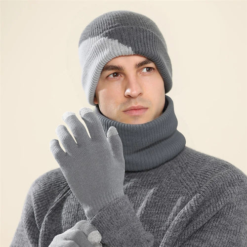 3Pcs / Set Winter Windproof Knitted Gloves Elastic Beanie Hat and Neck Warmer for Outdoor Skiing Cycling - Light Grey - 1