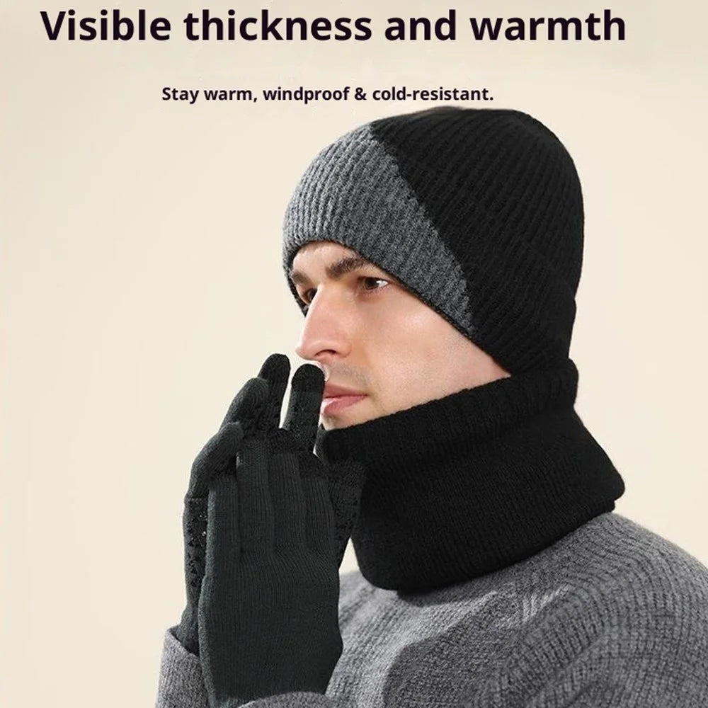 3Pcs / Set Winter Windproof Knitted Gloves Elastic Beanie Hat and Neck Warmer for Outdoor Skiing Cycling - Light Grey - 3