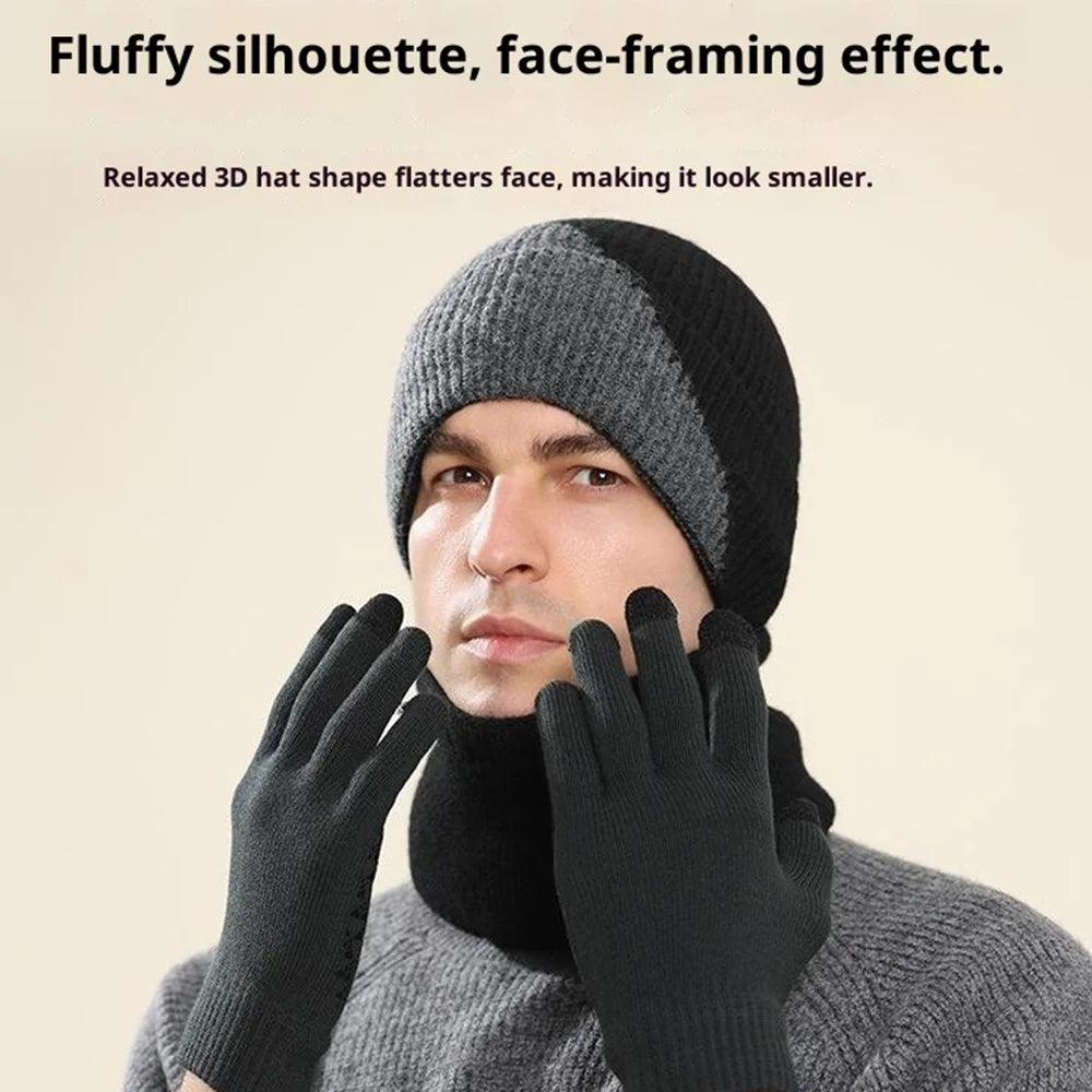 3Pcs / Set Winter Windproof Knitted Gloves Elastic Beanie Hat and Neck Warmer for Outdoor Skiing Cycling - Light Grey - 4