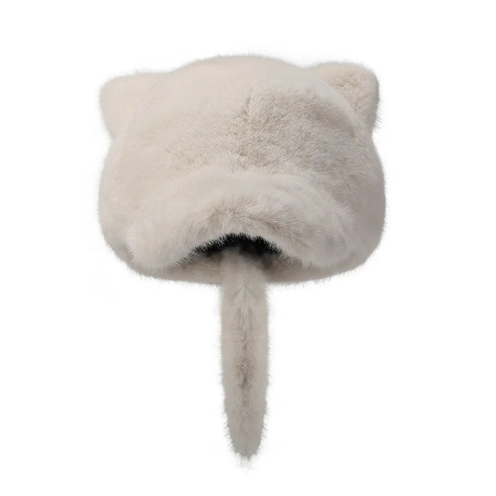 Cute 3D Bear Ears Baseball Cap with Tail for Women Solid Color Winter Plush Thermal Cap - Beige - 1