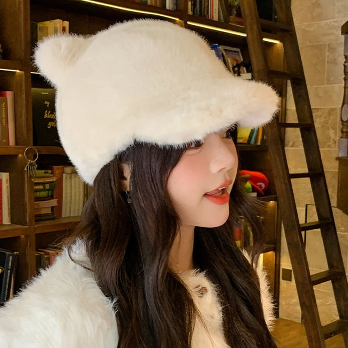 Cute 3D Bear Ears Baseball Cap with Tail for Women Solid Color Winter Plush Thermal Cap - Beige - 4