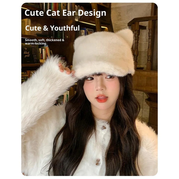 Cute 3D Bear Ears Baseball Cap with Tail for Women Solid Color Winter Plush Thermal Cap - Beige - 7