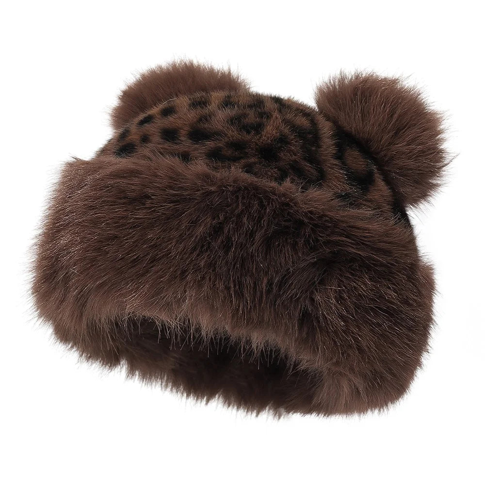 Cute 3D Bear Ears Mongolian Hat Winter Faux Mink Fur Fashion Leopard Print Ear Protection Hat - Big Leopard - 1