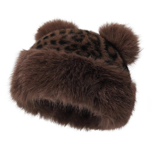 Cute 3D Bear Ears Mongolian Hat Winter Faux Mink Fur Fashion Leopard Print Ear Protection Hat - Big Leopard - 1
