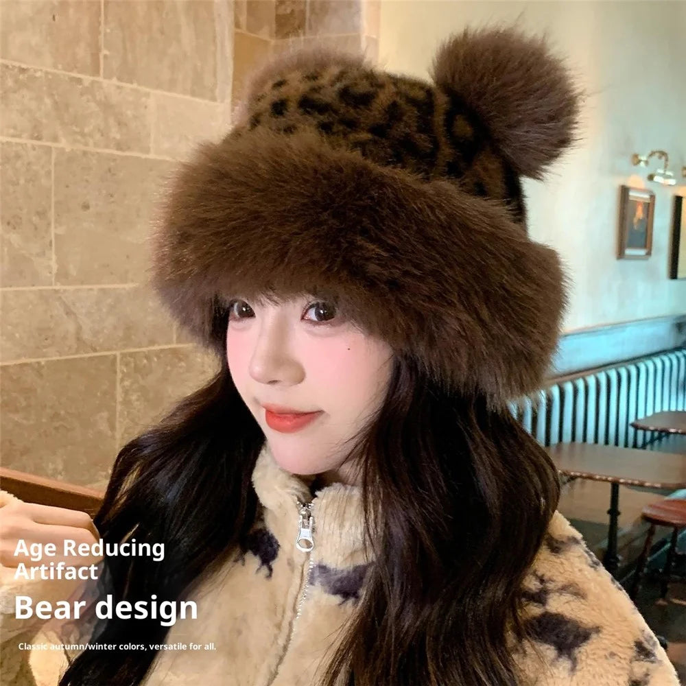 Cute 3D Bear Ears Mongolian Hat Winter Faux Mink Fur Fashion Leopard Print Ear Protection Hat - Big Leopard - 3