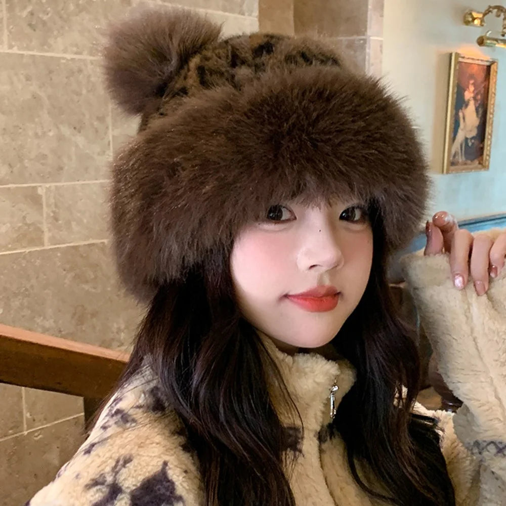 Cute 3D Bear Ears Mongolian Hat Winter Faux Mink Fur Fashion Leopard Print Ear Protection Hat - Big Leopard - 4