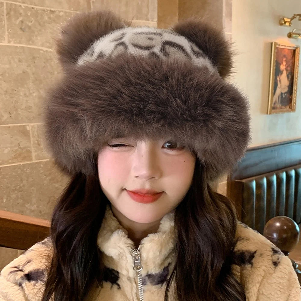 Cute 3D Bear Ears Mongolian Hat Winter Faux Mink Fur Fashion Leopard Print Ear Protection Hat - Big Leopard - 6
