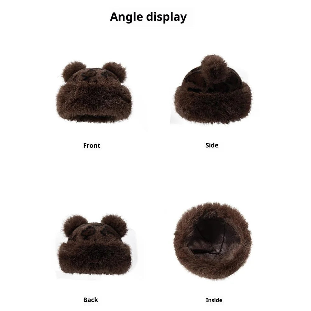 Cute 3D Bear Ears Mongolian Hat Winter Faux Mink Fur Fashion Leopard Print Ear Protection Hat - Big Leopard - 7