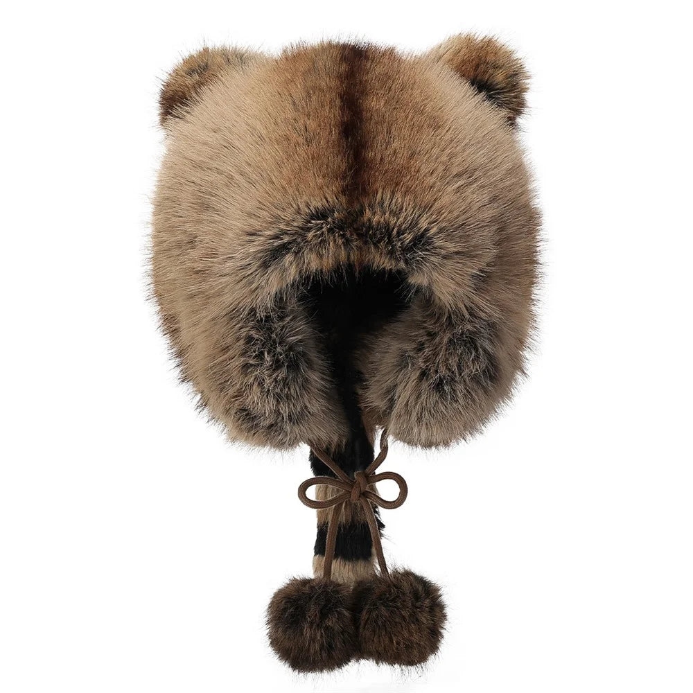 Winter 3D Ears Bomber Hat Imitation Fox Fur Windproof Raccoon Tail Russian Hat with Pompom Tie Strap - 1