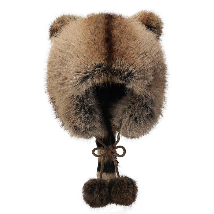 Winter 3D Ears Bomber Hat Imitation Fox Fur Windproof Raccoon Tail Russian Hat with Pompom Tie Strap - 1