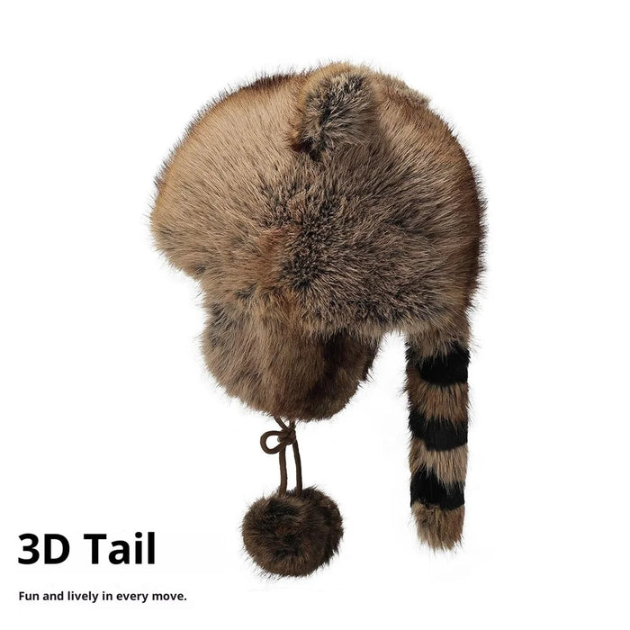 Winter 3D Ears Bomber Hat Imitation Fox Fur Windproof Raccoon Tail Russian Hat with Pompom Tie Strap - 2