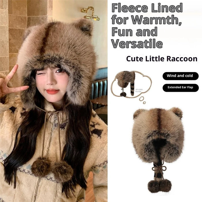 Winter 3D Ears Bomber Hat Imitation Fox Fur Windproof Raccoon Tail Russian Hat with Pompom Tie Strap - 3