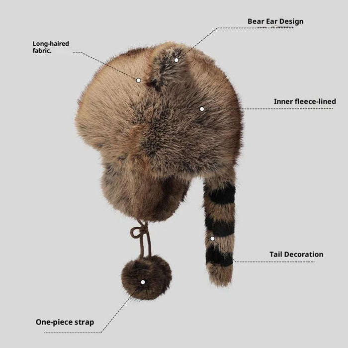 Winter 3D Ears Bomber Hat Imitation Fox Fur Windproof Raccoon Tail Russian Hat with Pompom Tie Strap - 6