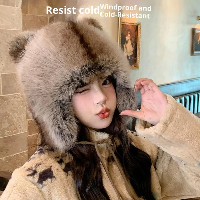 Winter 3D Ears Bomber Hat Imitation Fox Fur Windproof Raccoon Tail Russian Hat with Pompom Tie Strap - 7