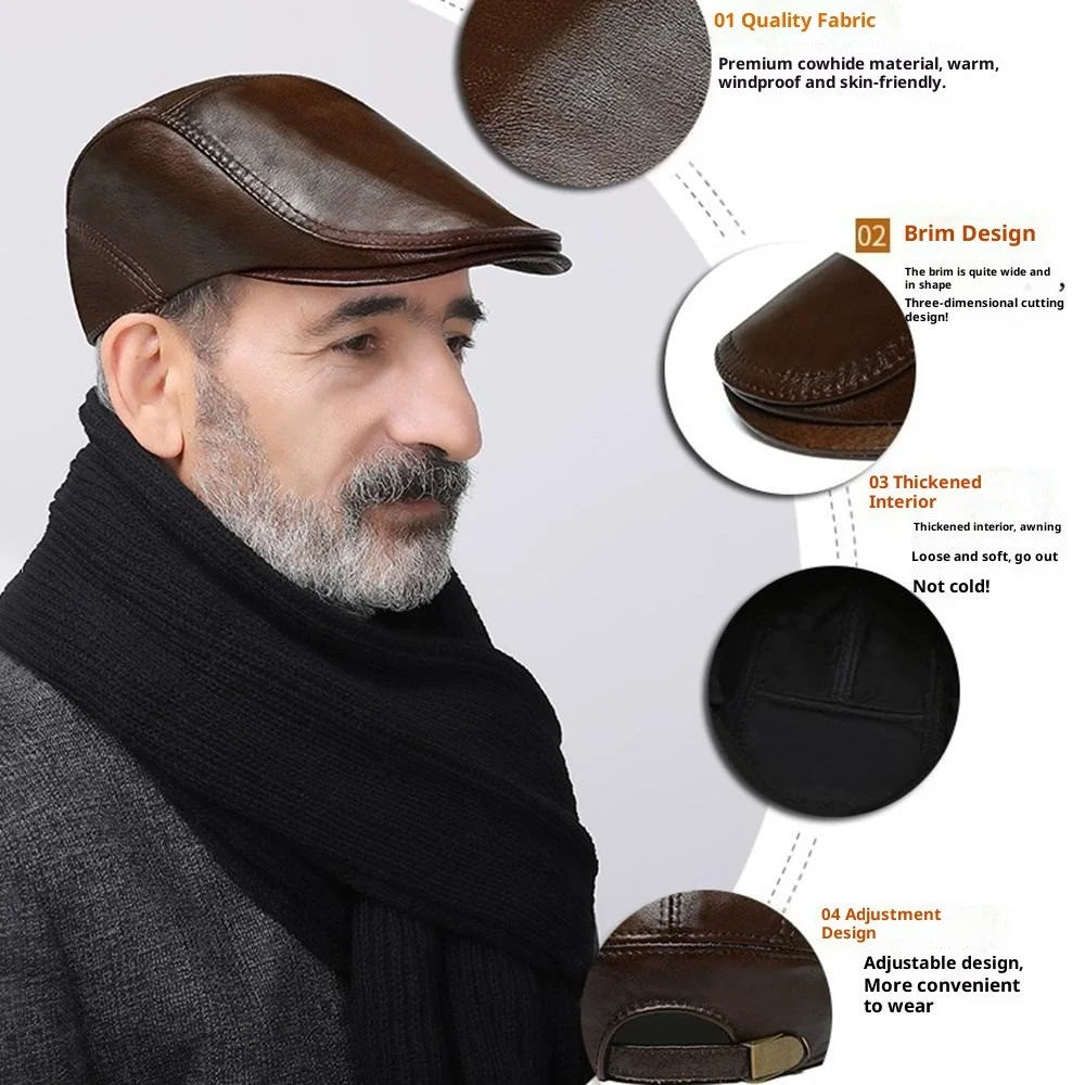Autumn Winter Beret Hat for Men Genuine Leather Windproof Peaked Cap Fashion Driver Hat - Light Brown - 2